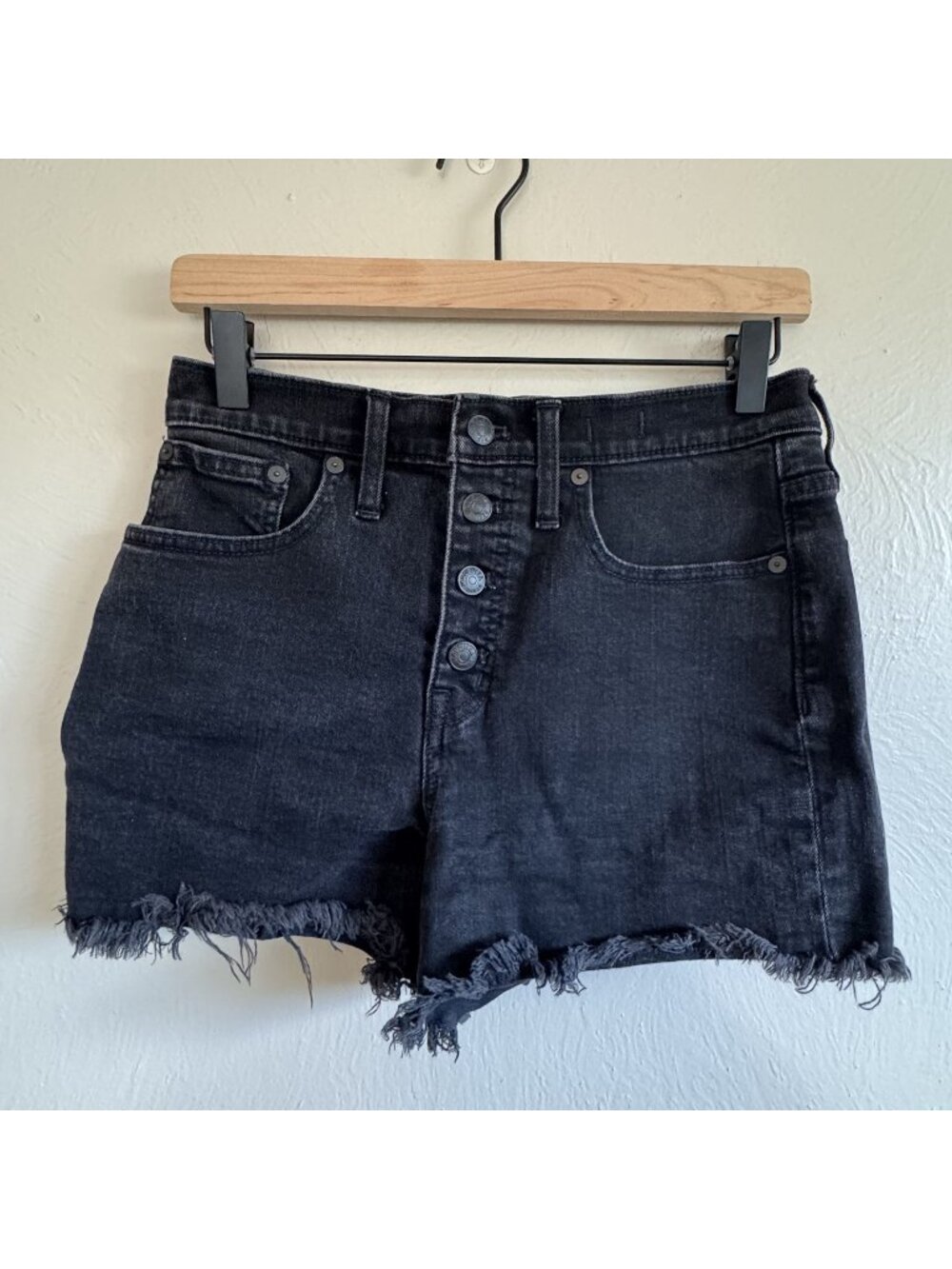 Madewell High-Rise Denim Shorts Black Button Fly Raw Hem Size 26